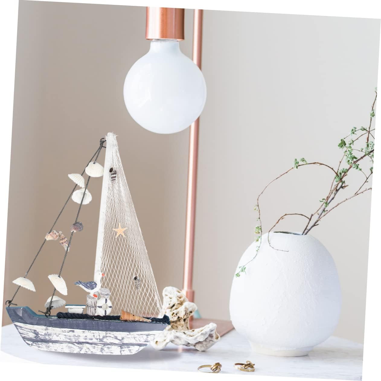 1pc Mediterranean Style Wooden Sailboat Craft Decor Shell Handicraft Ornament for Home Office Nautical Table Decoration Medium