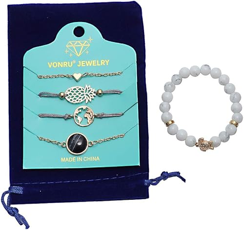 Miniatura 5 de Pulseras con cuentas para mujeres. Conjunto de pulseras ajustables con dijes para mujeres, pulsera de regalo de amistad, aleación, Adjustable, Blanco
