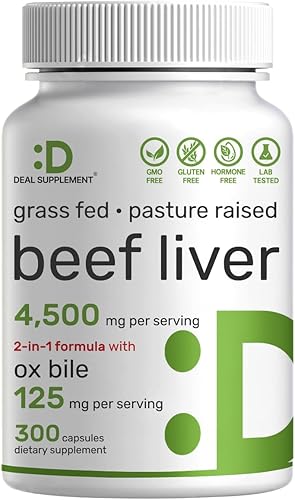 DEAL SUPPLEMENT Suplemento de hígado de res con bilis de buey 4,500 mg por porción, 300 cápsulas - Bovino alimentado con pasto - Sales biliares