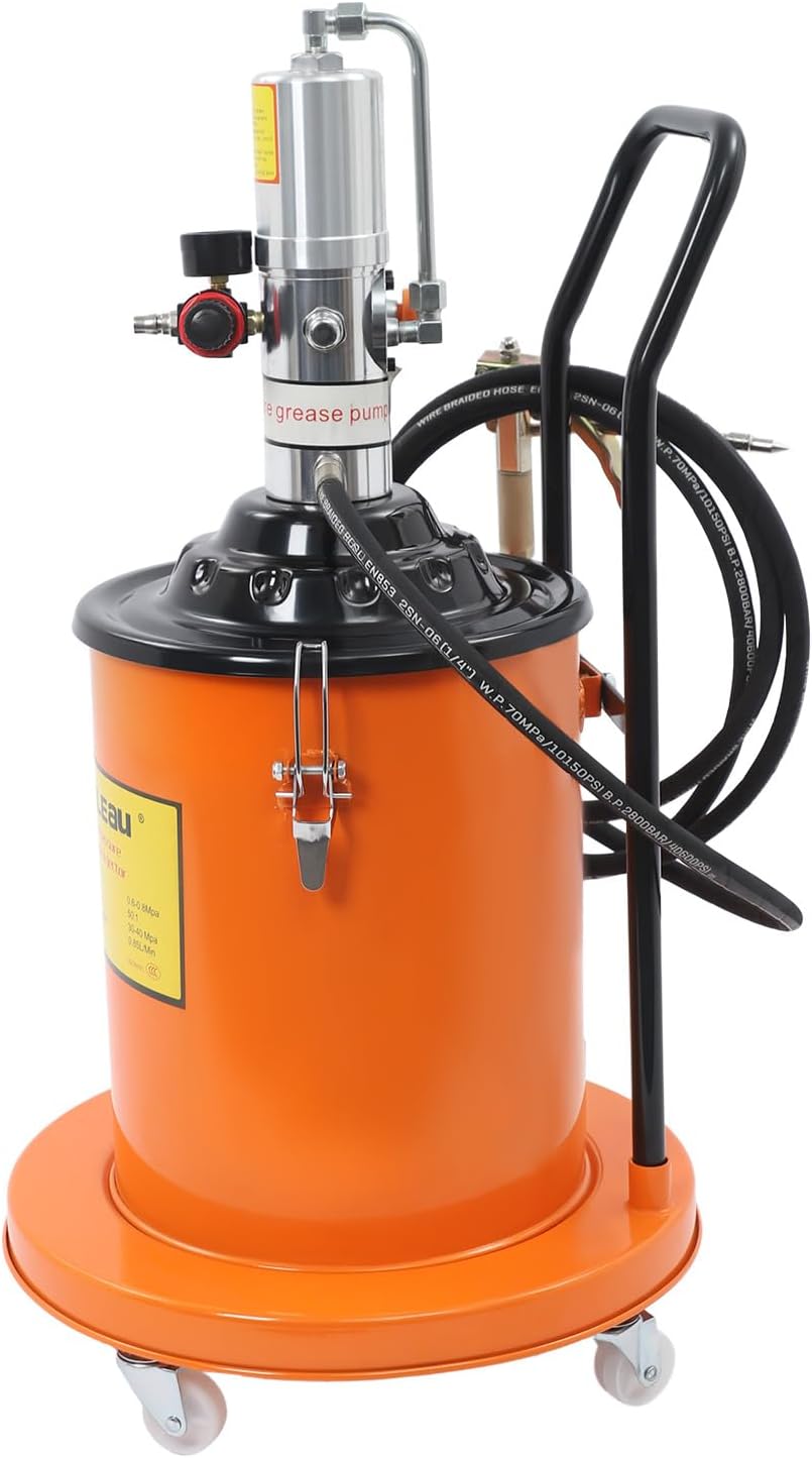 5 Gallon Air Grease Pump, 20L High-Pressure Grease Pump Set with 13 ft High Pressure Hose and Universal Grease Gun, 0.85L/M Portable Pneumatic Grease Pump, Lubrication Grease Pump (Orange)