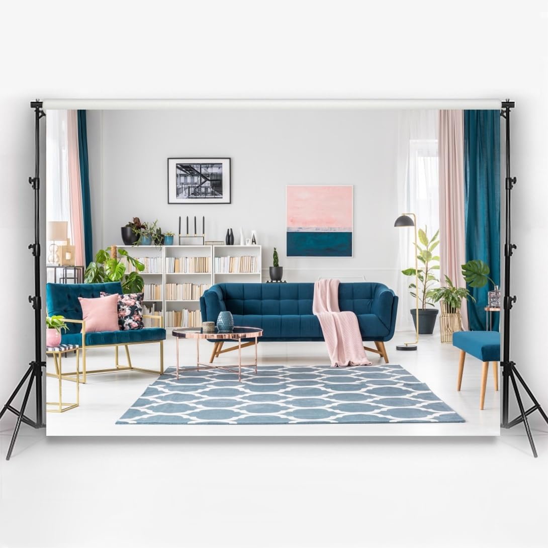 Aoihrraan 4,5x3m Modernes Wohnzimmer Backdrop Sofa Bücherregal Vorhang Teppich Heller Raum Innenfotografie Hintergrund Erwachsene Videokonferenz Geschäftsbüro Home Dekoration Fotostudio Requisiten