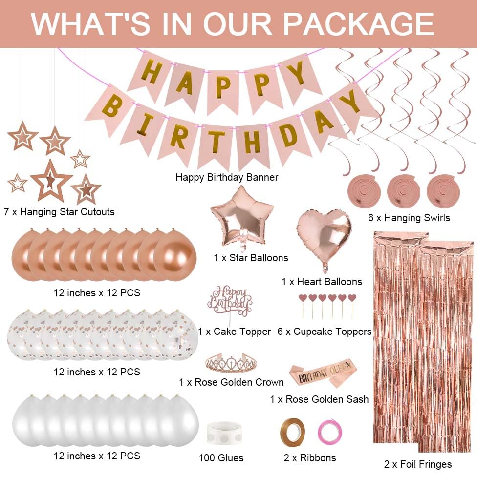 Image of Ecolley Birthday Party Decorations, Happy Birthday Banner, Rose Gold Fringe Curtain, Heart Star Foil Confetti Balloons, Sash Crown for Women Girls Birthdays Princess Party