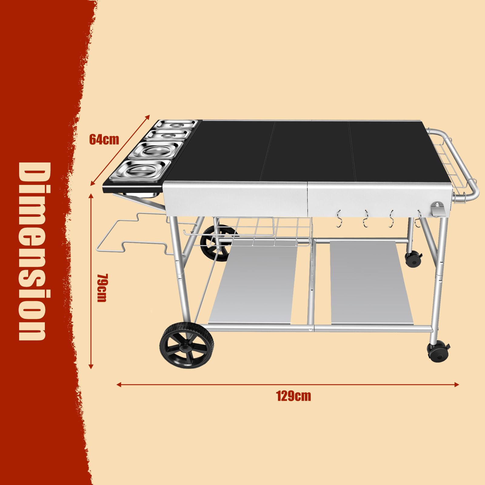 Denmay 128 x 66 x 78 cm carro de barbacoa para Weber Q Serie, Ninja Woodfire, horno de pizza, parrilla de mesa, horno para pizza, carrito de servir con gran superficie de trabajo, mesa de barbacoa al