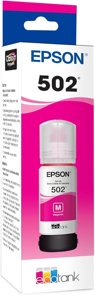 EPSON 502 EcoTank Ink Ultra-high Capacity Bottle Magenta Works with ET-2750, ET-2760, ET-2850, ET-3750, ET-3760, ET-3850, ET-4850, and other select EcoTank models, Magenta