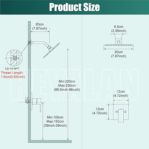 Miniatura 6 de Heyalan Juego de cabezal de ducha y mango de 8 pulgadas, juego de grifo de ducha cuadrado para baño, sistema de ducha de acero inoxidable, cabezal