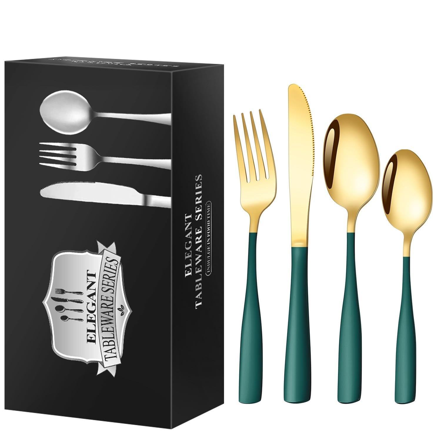 OLSKFUH Cutlery Flatware Cutlery Set, 60-Piece Set Of Stainless Steel Square Handle Cutlery Knife, Fork And Spoon 15 Servings Hotel Home Steak Cutlery,Green Gold
