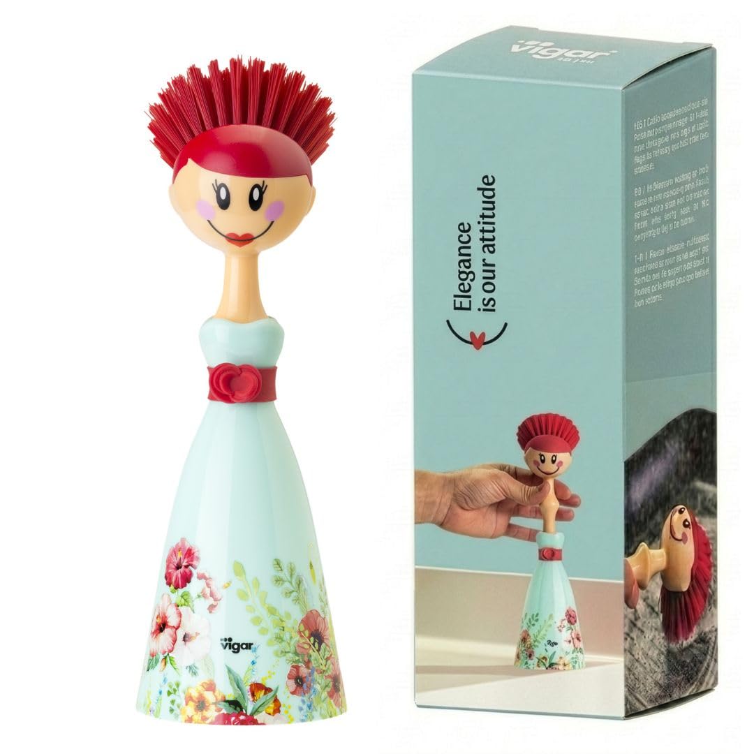 VIGAR - Dish Brush - Dress-Shaped Holder - 7.5 x 7.5 x 24.5 cm - Dolls Kalho - Nylon Bristles - Won't Scratch Crockery - Turquoise