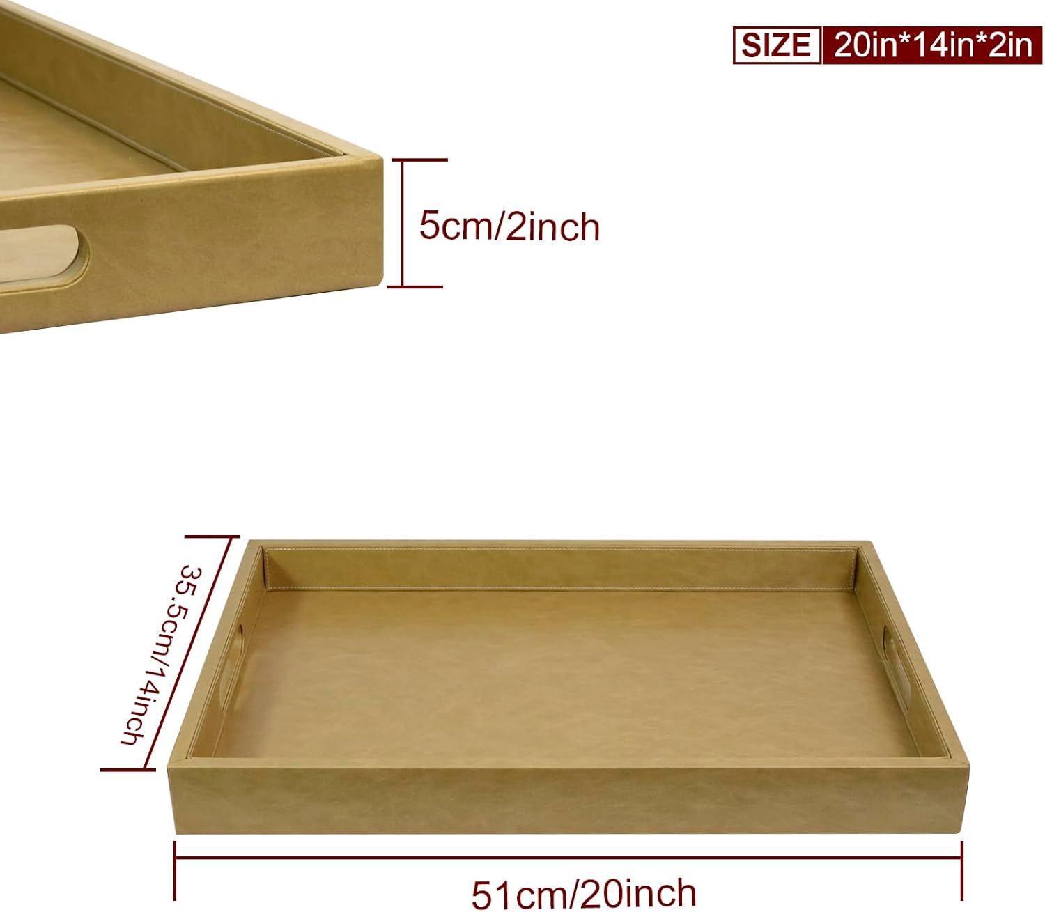 20 * 14 inches Leather Rectangle Serving Tray with Hole Handles,High-End Light Large Service Tray for Ottoman Tray, Tea, Food, Butler - Countertop, Kitchen,Family Dinner, Picnic (Brown) - Image 4