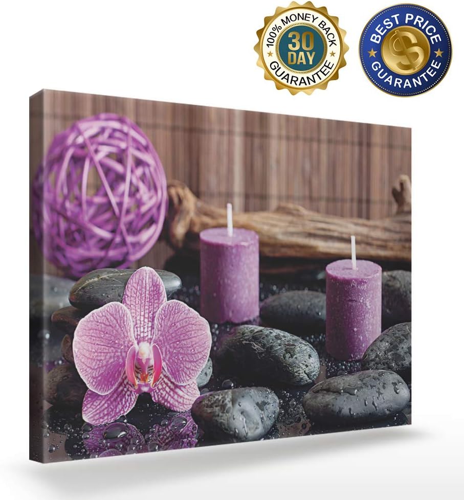 Canvas Wall Art - Purple Orchid and Calming Candles with Zen Stones - Modern Wall Decor Gallery Canvas Wraps Giclee Print Stretched and Framed Ready to Hang - 16" x 24"