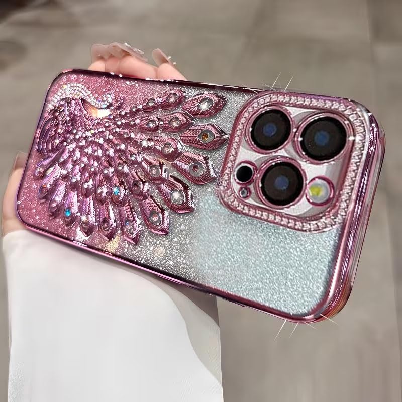 Image of mobistyle Designed for iPhone 16 pro,3D Diamond Luxury Electroplate Glitter Peacock Tail Bling Design Camera Protection Shockproof Phone Back Cover Case for (Pink, iPhone 16 Pro)