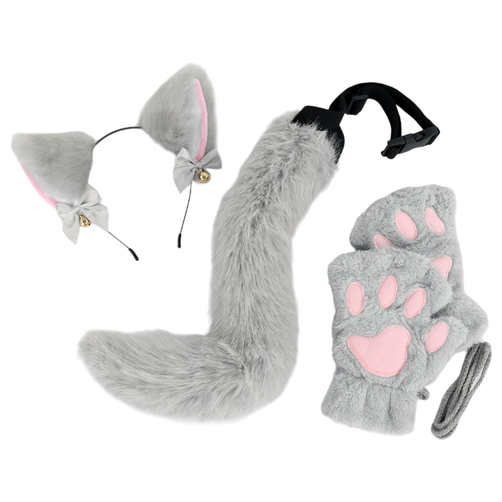 lmoikesz Costume Accessories Featuring Cat Ear Hairband And Tail Kids And Adults Role Playing Experiences Animals Ears Tail Set Includes 1 Cute Cat Tails Gloves Kitty Cosplay Prop Kits Prom , grey