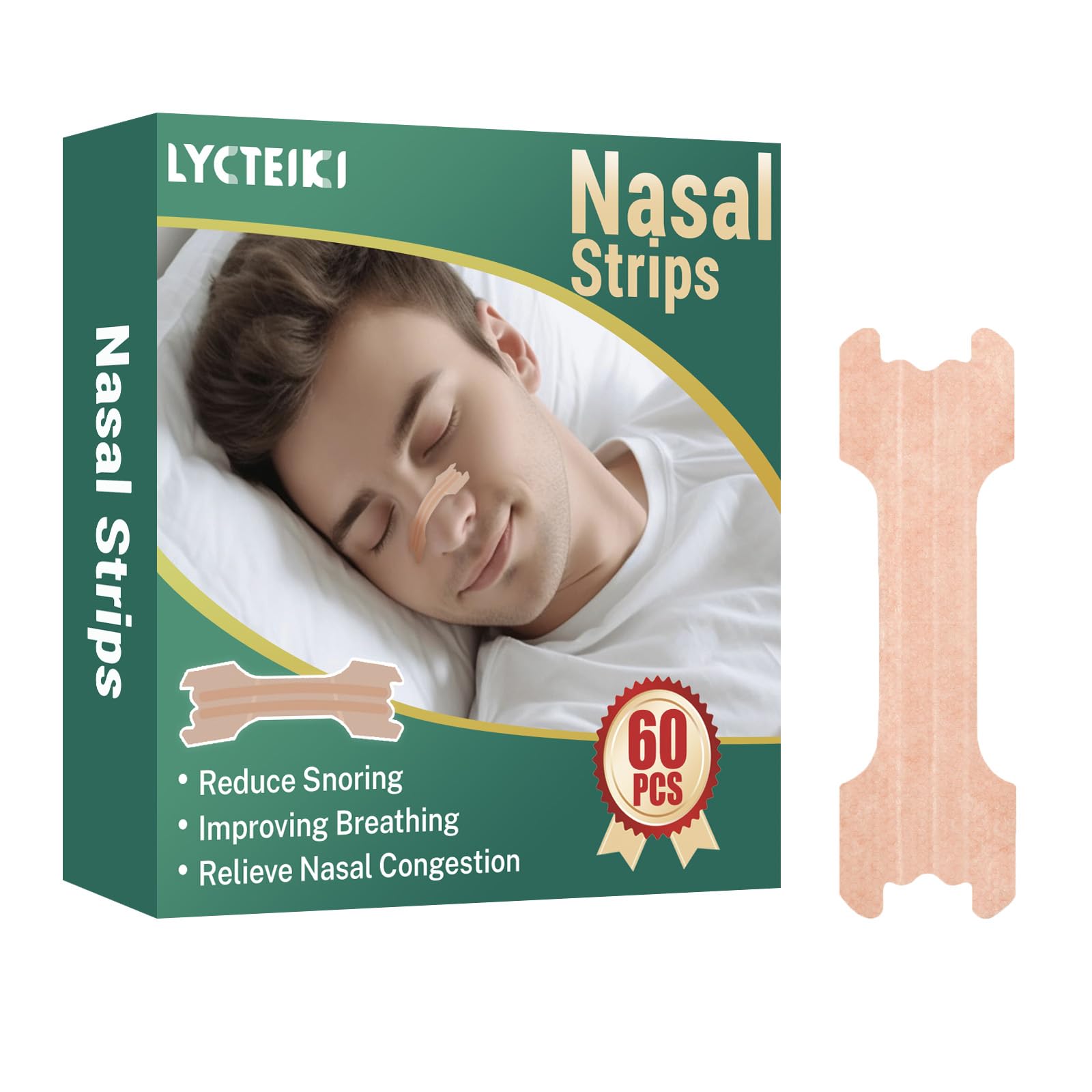 LYCTEIKI Nasal Strips, 60 Pieces Nose Strips Anti Snoring Devices, Large Nose Strip to Stop Snoring, Relieve Nasal Congestion, Helps Reduce Snoring, Anti Snore Drug-Free