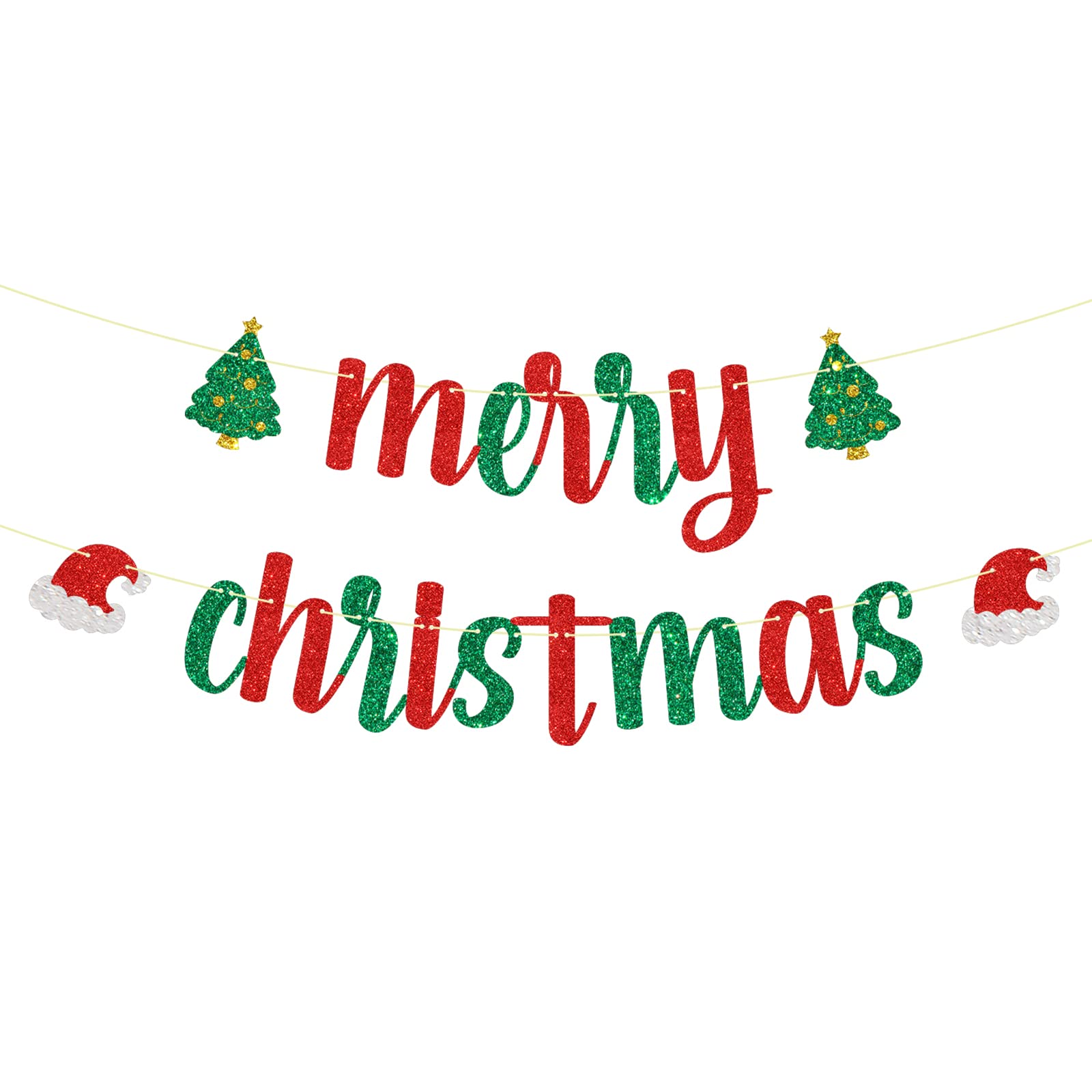 Merry Christmas Banner Glitter Christmas Tree Hat, New Year Party Sign, Christmas Decoration for Outdoor&Indoor Photo Props