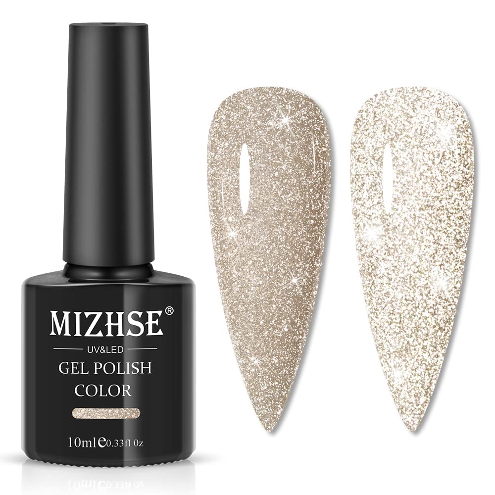 MIZHSE Reflective Glitter Gel Nail Polish, Light Gold