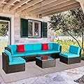 Shintenchi 7 Pieces Patio Furniture Sets Outdoor All-Weather Sectional Patio Sofa Set PE Rattan Manual Weaving Wicker Patio Conversation Set with Glass Table & Ottoman Cushion and Red Pillows, Blue