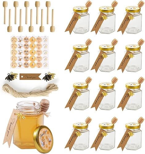 Miniatura 7 de Paquete de 24 tarros de miel hexagonales de vidrio de 4 onzas, tapas doradas, para miel de madera, abalorios de abeja, cadena de etiqueta, bolsas de