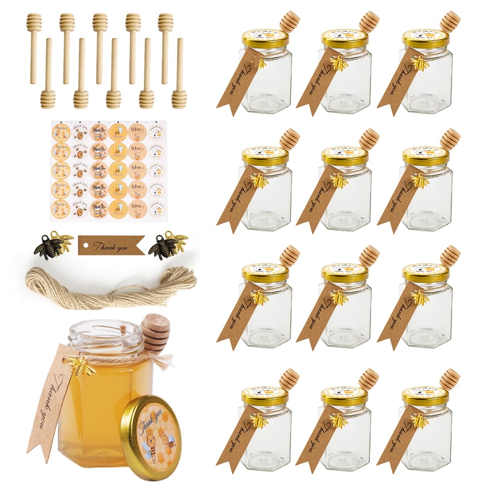 12 Pack 4oz Glass Hexagon Honey Jars Golden Lids - Extra Wooden Honey Dipper Sticks, Bee Charms, Tag String, Thank You Gift Tags, Stickers (Golden 12 Stickers)