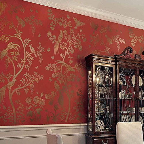 Birds and Berries Chinoiserie Wall Mural Stencil – Large Reusable Stencil for Painting Wall Mural – DIY Wallpaper Alternative for Home Decor (Small)