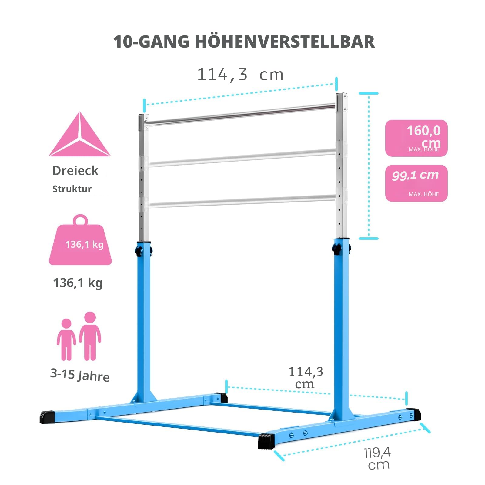 Mosebears Gymnastikstange, Heimgymnastikausrüstung für Kinder im Alter von 3–15 Jahren, stabile Stahlkonstruktion, rutschfest, einfach zu montieren, 90 bis 150 cm, höhenverstellbar