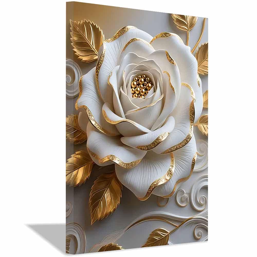 QUSAAOU Leinwandbilder Weiß Florale Gold Blatt Luxus Leinwandbilder Mit Rahmen Abstrakte Landschaftsbilder Moderne Wanddekoration FüR Gro Schlafzimmer(Weiß)-50x70cm Gerahmt