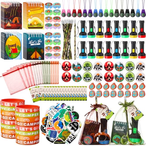 Chivertion 210 Pcs Camping Party Favors Camper Birthday Party Decoration Notepad Pencil Sharpener Eraser Badge Sticker Bracelet Compass Tag Keychain Flashlight Bag for Camping Theme Adventure Supplies