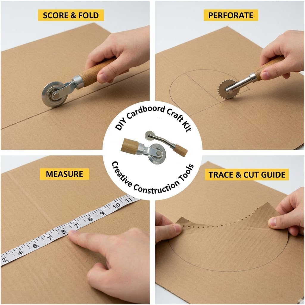 Premium Box Resizer & Scoring Wheel Kit - 0.5mm Solid & Perforating Wheels with Ergonomic Wooden Handle - Essential Tool for Cardboard Crafts, Shipping Box Resizing & DIY Gift Boxes
