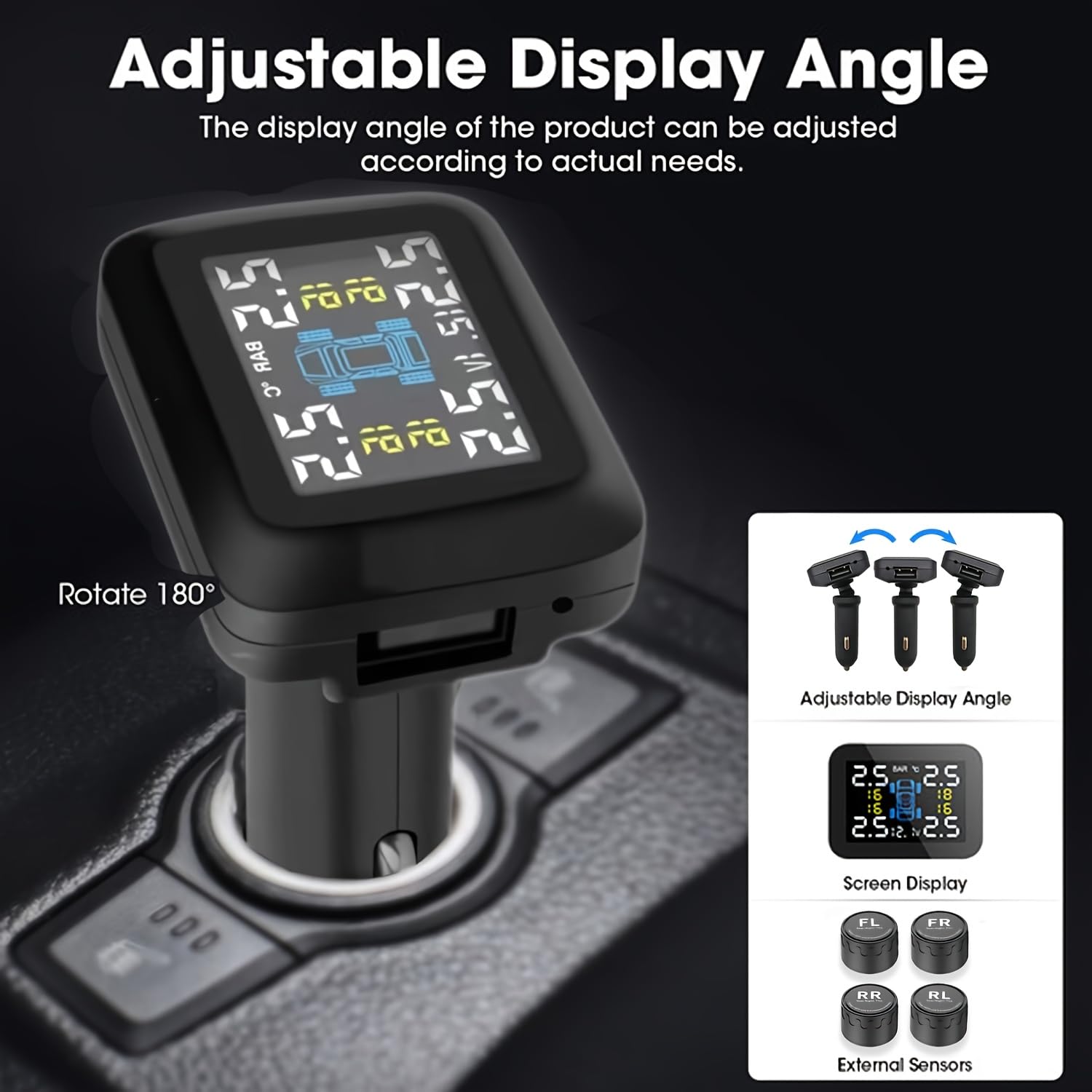 Tire Pressure Monitoring System, Wireless TPMS Car Charger Powered Adjustable Display Angle Car Voltage Monitoring Real-Time Display for Car RV SUV(0-98PSI)