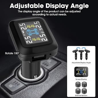Tire Pressure Monitoring System, Wireless TPMS Car Charger Powered Adjustable Display Angle Car Voltage Monitoring Real-Time Display for Car RV SUV(0-98PSI)