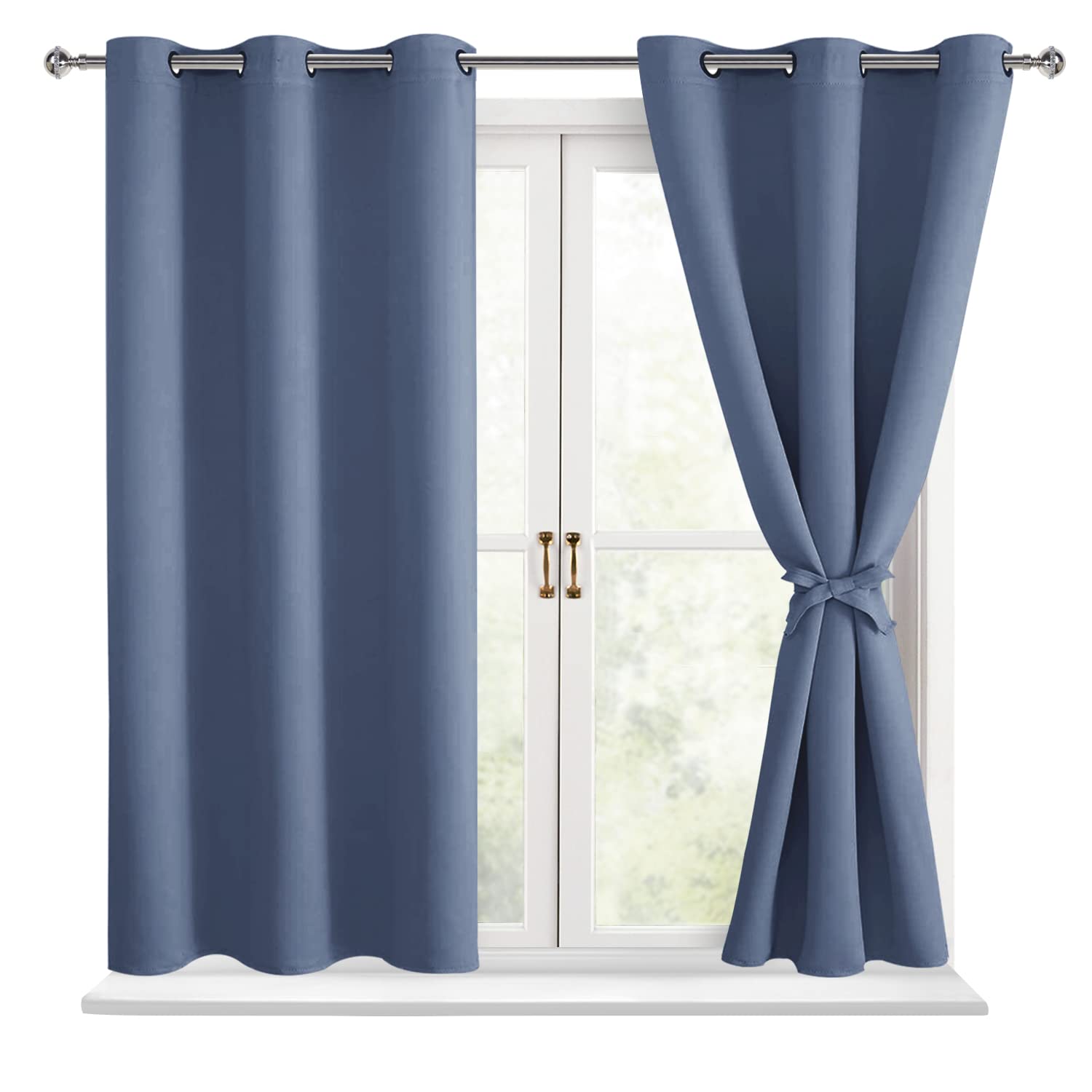 Hiasan Short Blackout Curtains for Bedroom - Thermal Insulated & Energy Saving Window Curtains for Living Room, 2 Drape Panels Sewn with Tiebacks, Blue Haze, 38 x 45 Inch