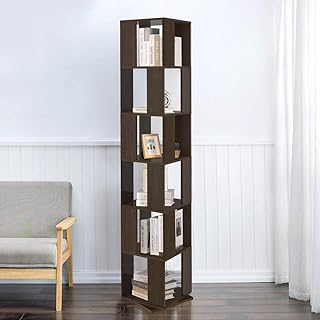 Sanery 6-Tier Wooden Bookcase for Home Office Corner Bookshelf, 360° Rotating Book Shelf Modern Storage Display Rack, Floor Standing Shelves with Open Design Shelving Living Room Study, Black Walnut