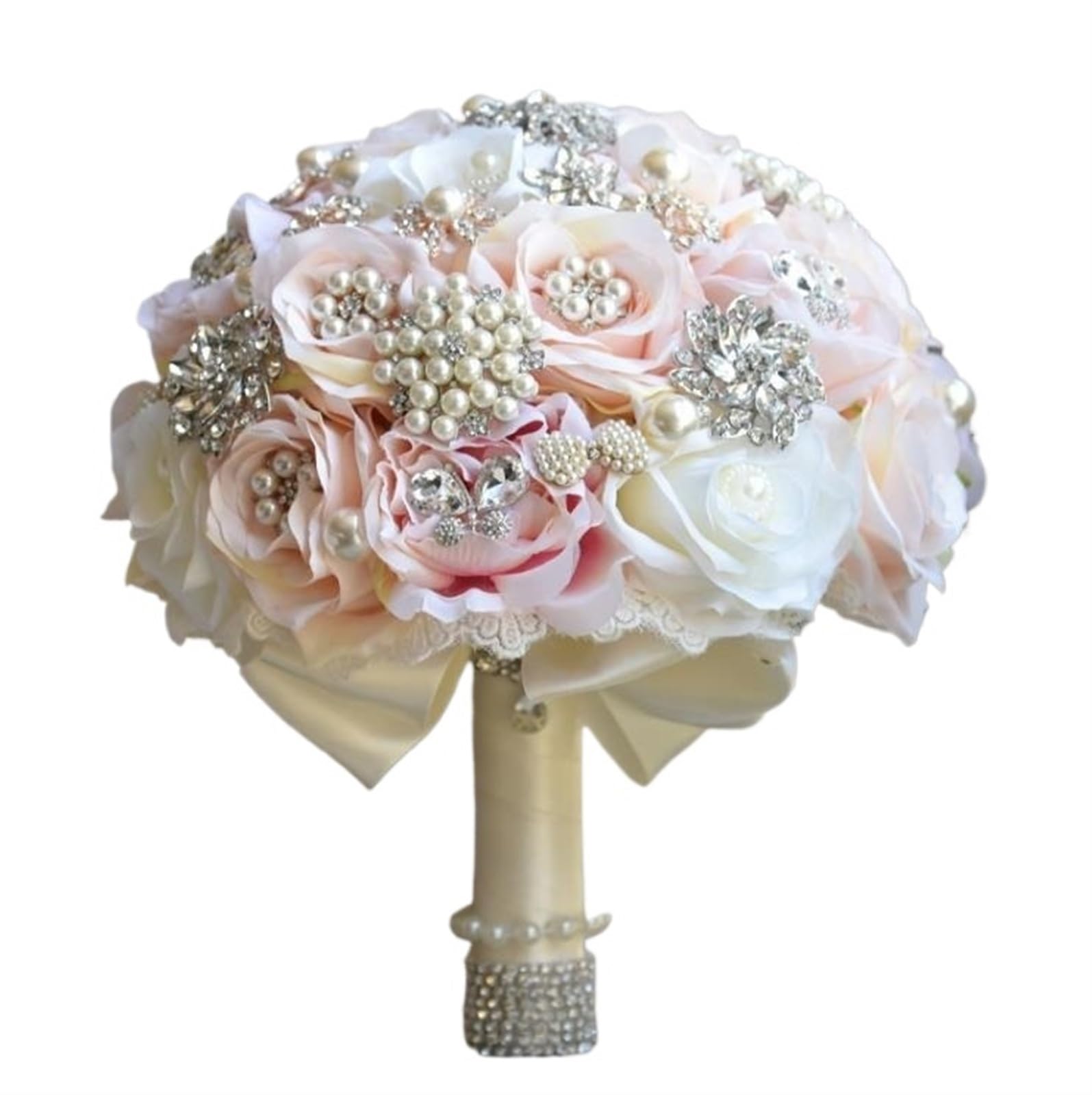 NDLHXKFRP Wedding bouquets for brides and bridesmaids, Wedding Bouquet Multicolor Crystal Brooch Artificial Flowers Rhinestones(Champagne Milk White)