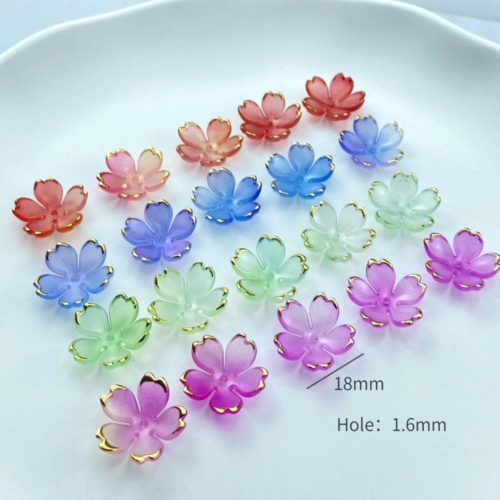 120pcs Acrylic Cherry Blossom Flower Beads Colorful Gradient Gold-Plated Spacer Beads End Caps for Jewelry Making Bracelet Necklace Earrings(Red) - Image 3