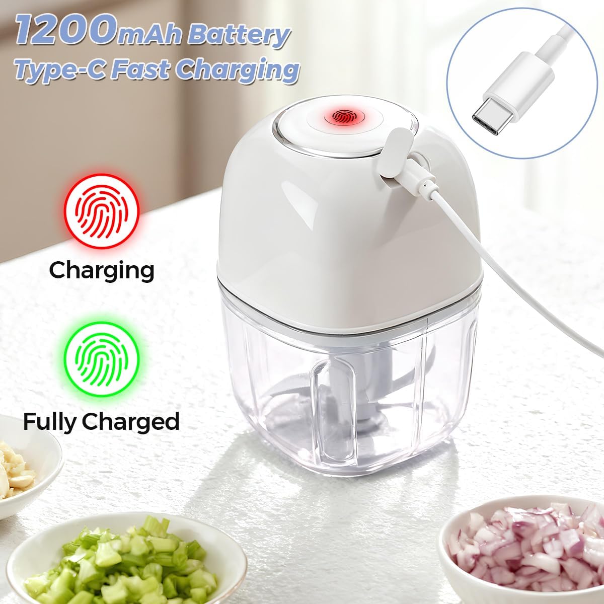 Electric Garlic Chopper, 350ML Portable Veggie Chopper 6Stainless Steel Blades Rechargeable Mini Food Processor Grinder Masher Onion Vegetable Blender for Nut Ginger Chili Herb Minced Meat Spice