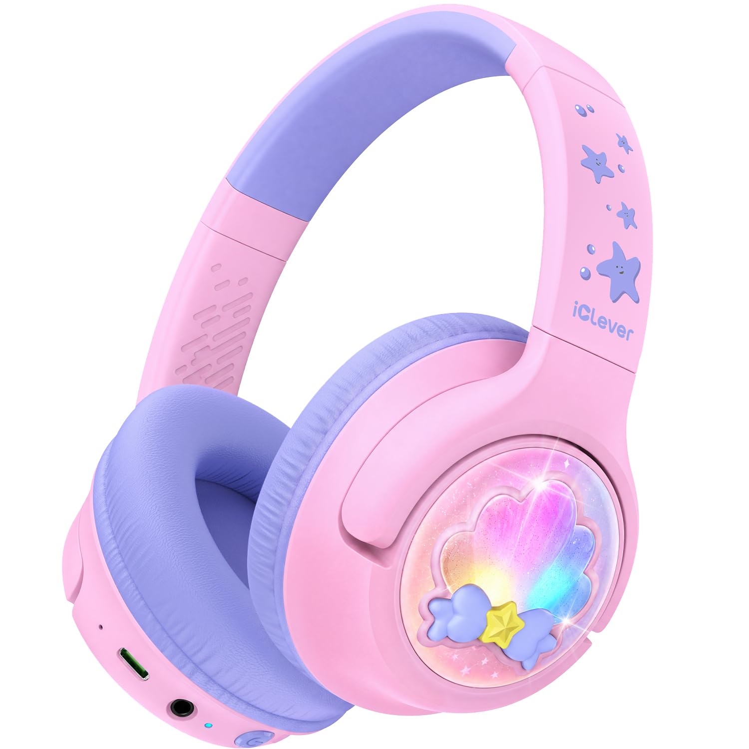 iClever P550 Bluetooth Kopfhörer Kinder Mädchen LED Leuchten Reisen | SafeSound Tech, Ultraleicht, Bluetooth6.0, 48H Spielzeit, USB C Ladeanschluss, AUX Kabel, Bequem Kopfhörer Kinder Tablet PC