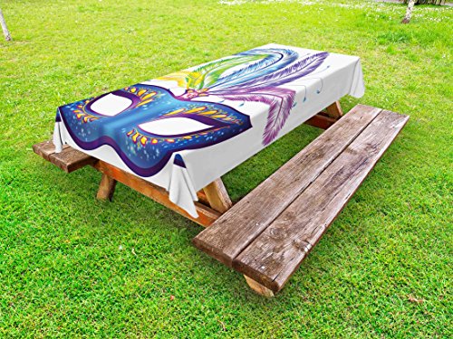 Ambesonne Mardi Gras Outdoor Tablecloth Blue Ornate Venetian Festival with Feathers Masquerade Parade Preparations Decorative