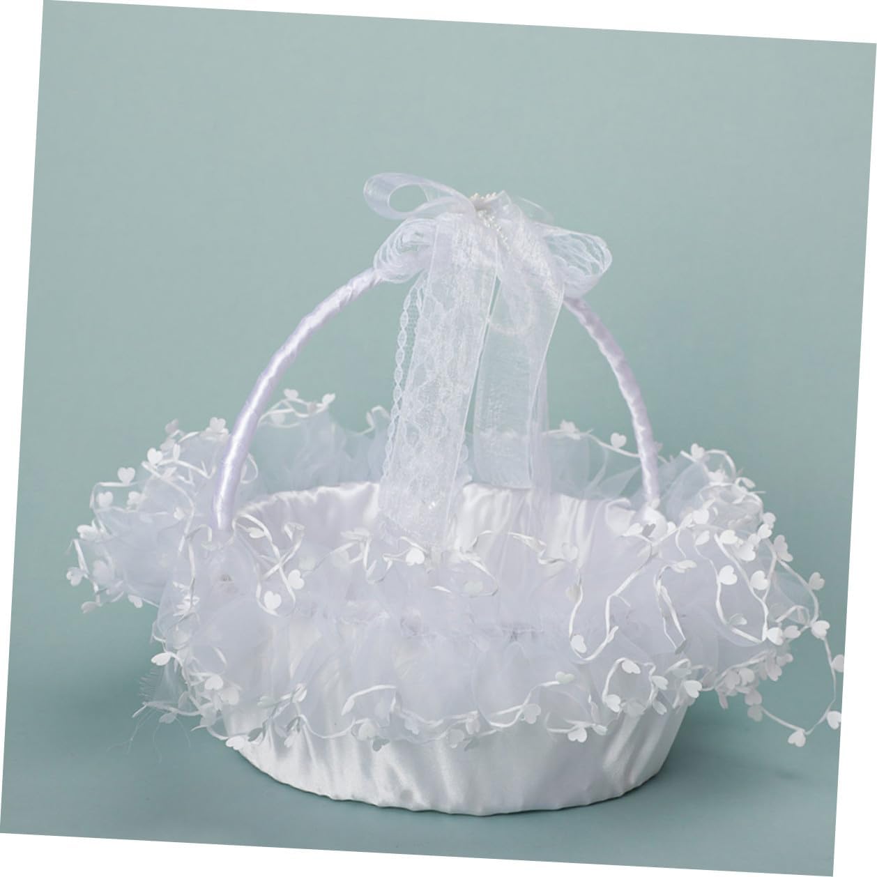Lace Heart Wedding Basket with White Bow Portable Flower Girl Basket Decorative Petals Holder for Wedding Ceremony and Party Supplies