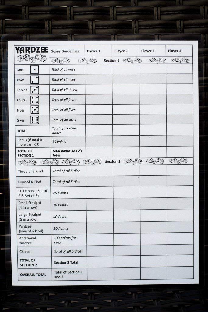 Buy Yardzee Score Cards with Rules on the Back, Laminated Yardzee Score