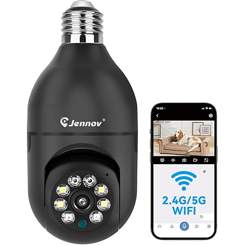 Jennov Light Bulb Security Camera, 360°/2k HD Wireless Camera, 5/2.4Ghz Wi-Fi Light Socket Camera with Auto Tracking, AI Human Detection, Compatible with Alexa for Indoor&Outdoor Home Security