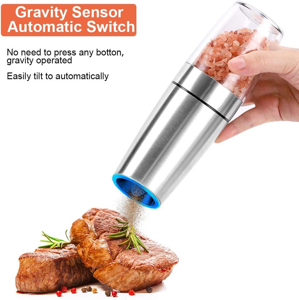 Gravity Salt and Pepper Grinder Set, Battery Powered Stainless Steel Electric Salt Mill, Automatic Adjustable Coarseness Portable Spices Shaker with light for Kitchen Restaurant Picnic