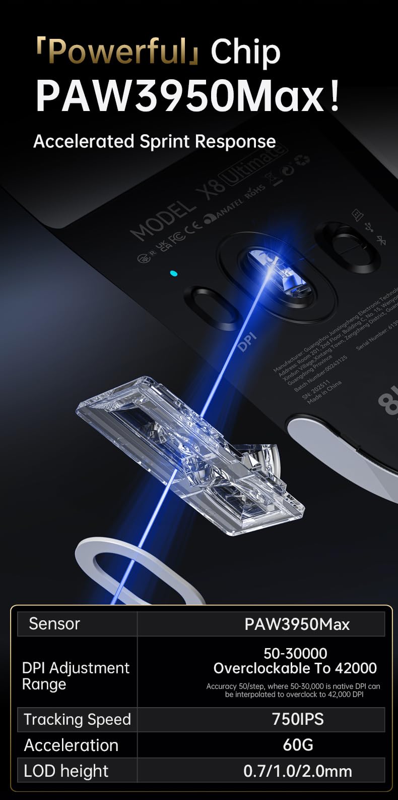 ATTACK SHARK Série X8 Souris Gaming sans Fil, 55–65 g Ultra-Légère, Capteur PixArt PAW3395/3950, Bluetooth/2.4G & USB, Jusqu’à 42 000 DPI, Câble LED C06 Ultra (Blanc, X8 Ultimate)
