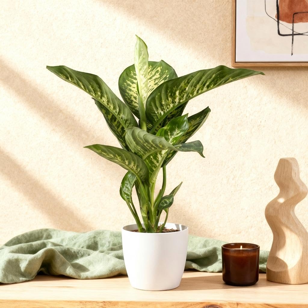 Diefenbachia Tropic Snow - Dieffenbachia - Pflegeleicht - Grün - mit Potter White - 90-100cm - Ø21cm - Zimmerpflanze - Komplettes Set - Pflanze mit Topf