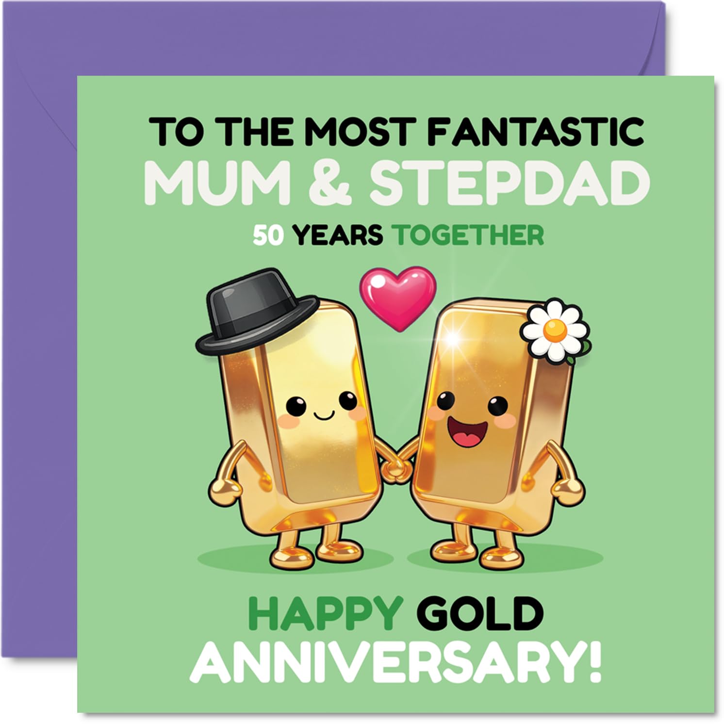 Funny 50th Anniversary Card for Stepdad & Mum - Cheeky Gold Bars Raising a Toast - Animated Design Celebrates 50 Years with a Wink - 145mm Square, Envelope Included