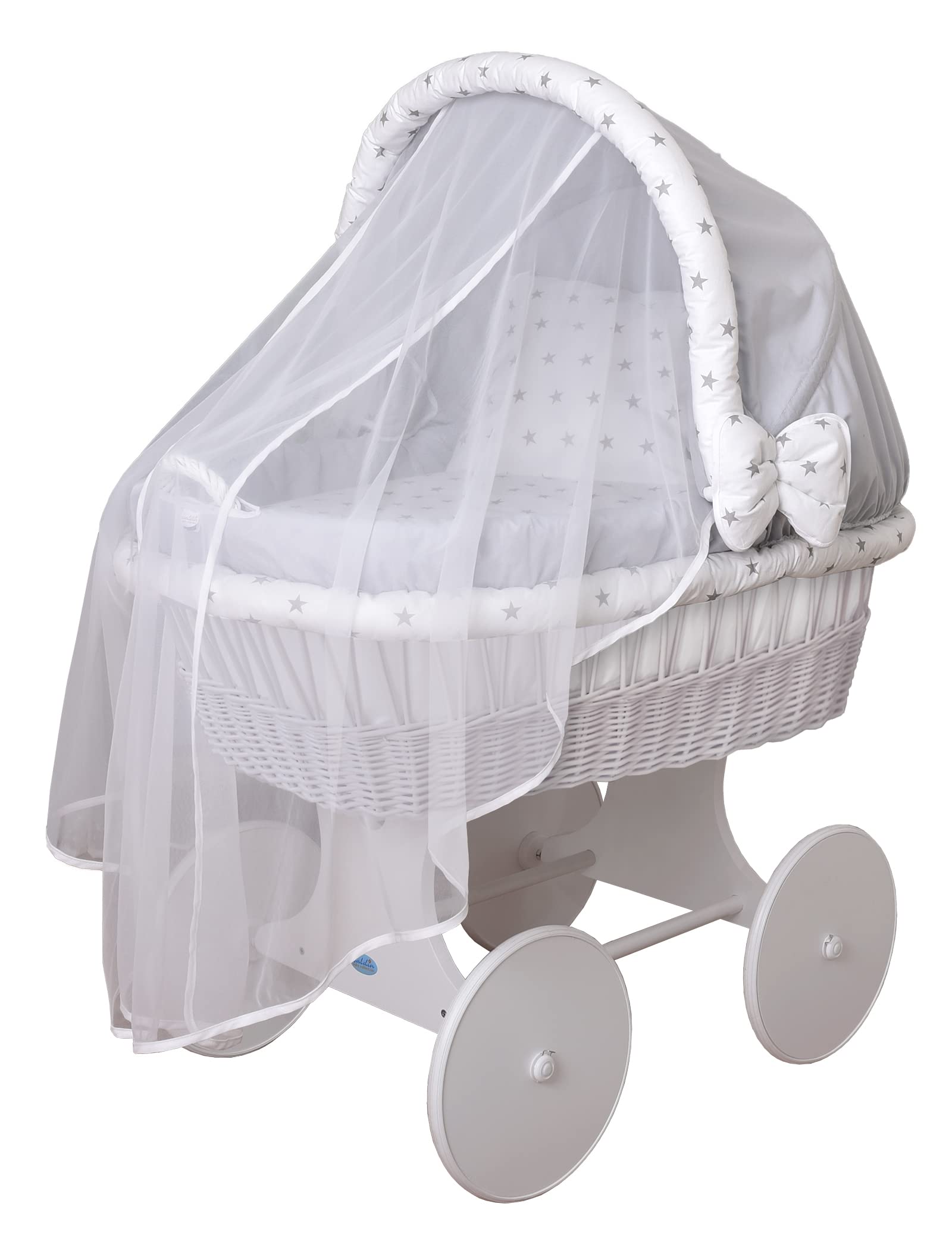 waldin Culla con cappotta,Culla con ruote XXL,IN 26 VARIANTI,telaio/ruote laccato in bianco,colore tessile grigio/stella-grigio