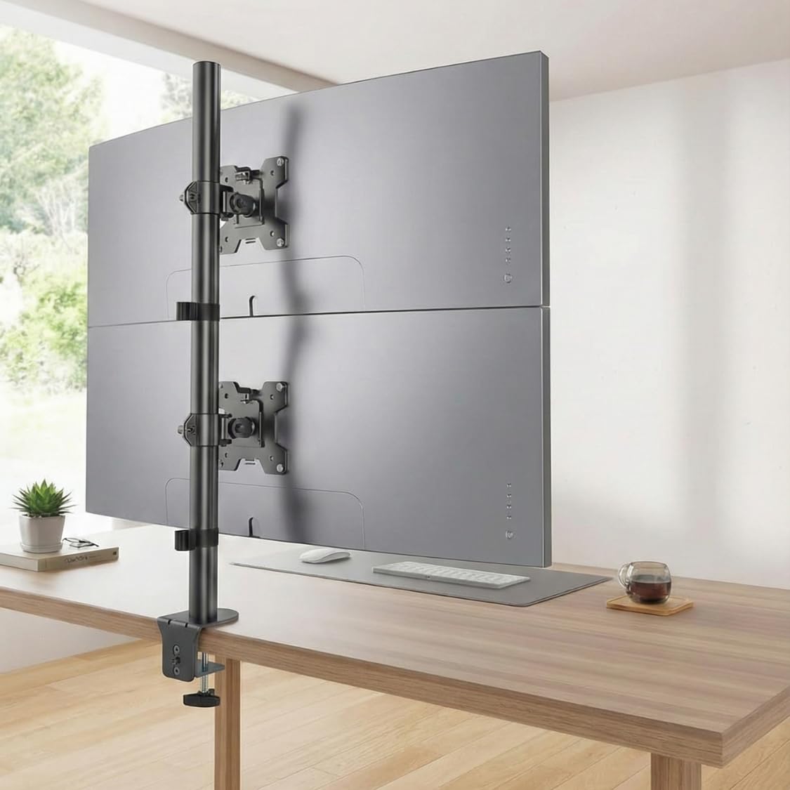 UNIQ Mount Dual Vertical Monitor Arm 13 to 32 Inch Flat/Curved Screens, Heavy Duty Stacked Stand, 8kg Load Per Arm, Swivel, Rotate, Tilt, Full Motion Desk Mount, VESA 75x75, 100x100, C Clamp+Grommet