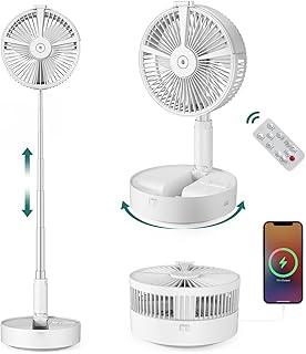 Foldable Oscillating Standing Fan with Remote Control: 8" Portable Rechargeable Misting Table Fans, 7200mah Quiet Collapsible Desk Fan, Floor Pedestal Fan for Cooling Bedroom Office Camping Travel