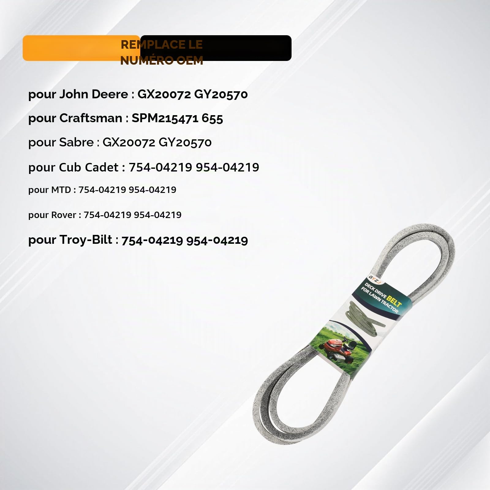 Courroie de 106,7 cm pour tondeuse John Deere GX20072 GY20570 Compatible avec John Deere 102 105 L100 L105 D100 D110 D120 D130 X110 X125 X145 E100 E110 E120 LA105 LA110 LA115 (1,27 cm x 264,2 cm)