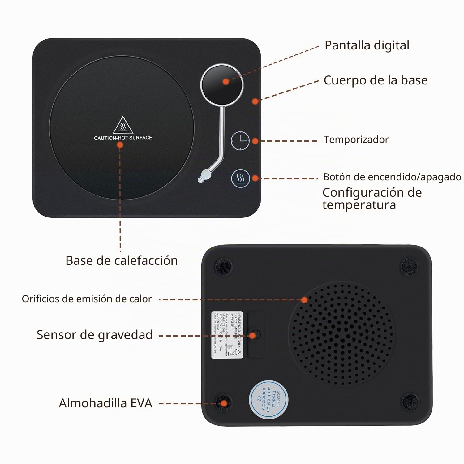 Mcbazel Calentador de Tazas de café 40°C-55°C, 55°C-65°C. 65°C-75°C Grado Celsius Sensor de Gravedad Temporizador de Temperatura de Tres Velocidades Almohadilla Calentadora de Tazas de Café -Negro