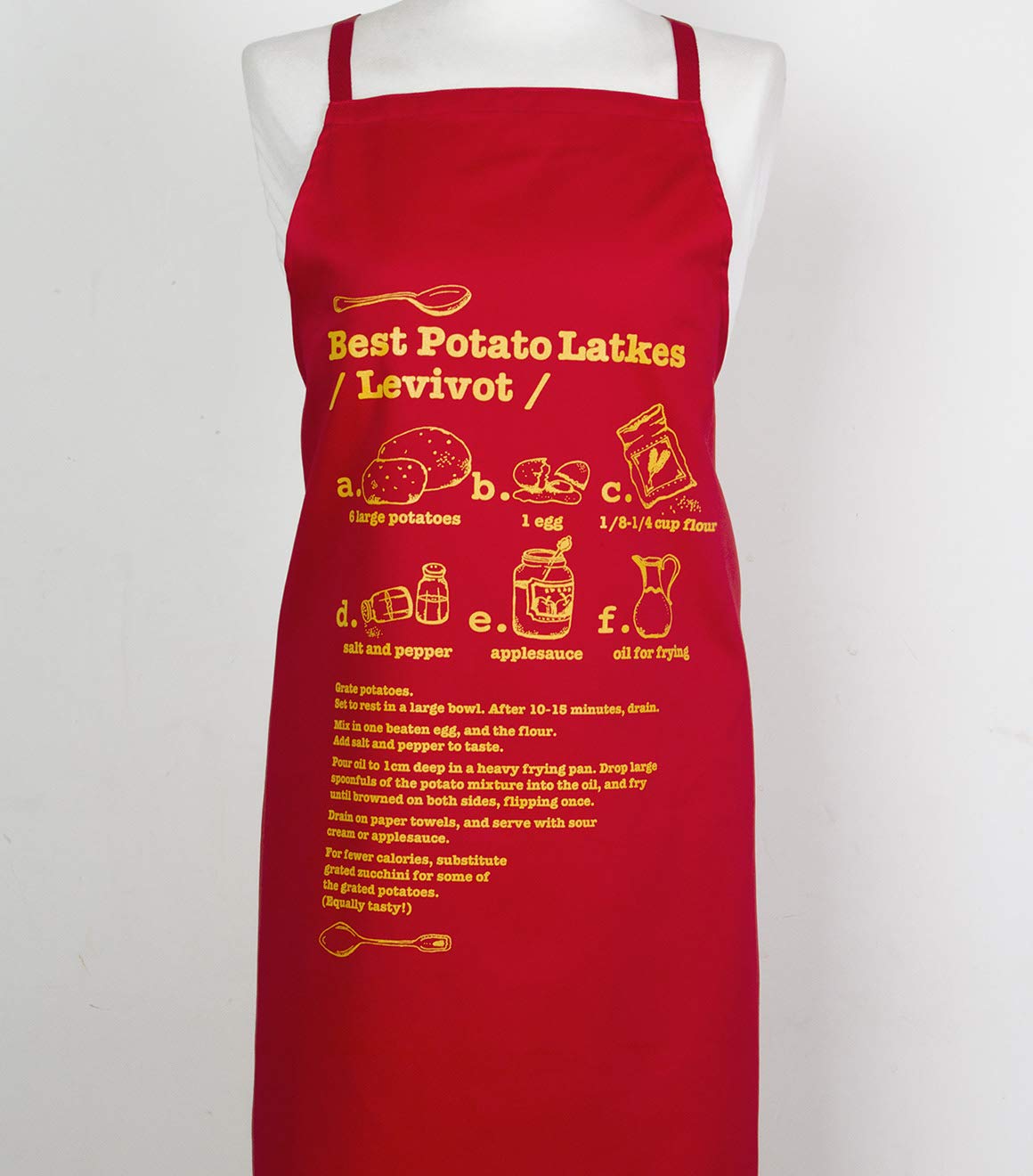 Hanukkah potato Latkes kosher red apron. Hanukkah gifts Happy Hanukkah with this easy to follow recipe. Enhance your Hanukkah décor. Attractively gift packaged. cotton mix. Easy wash sewn in Jerusalem