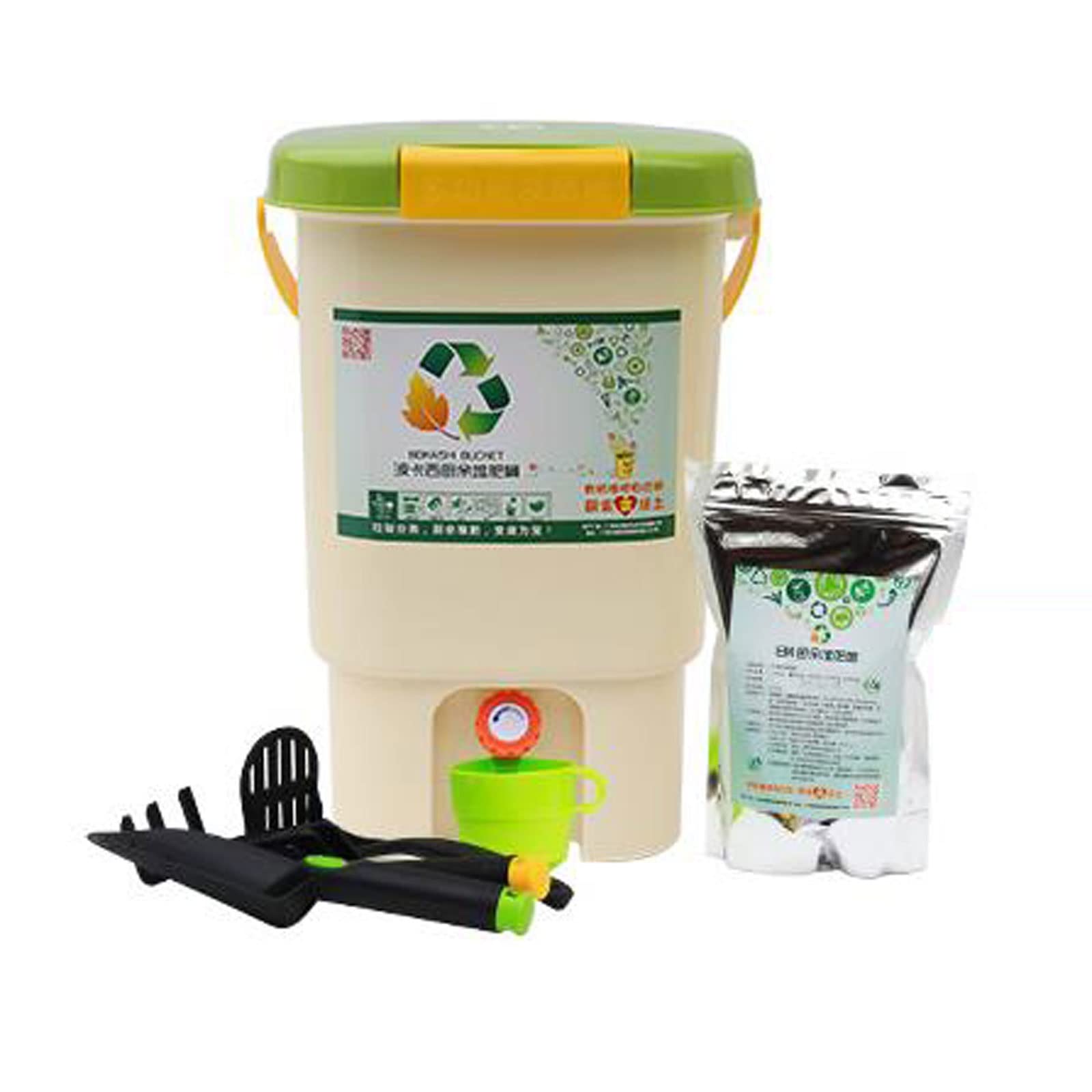 Kompostownik do ogrodu, Plastikowy kompostownik wewnętrzny 20L (5 galonów) na wszystkie pory roku z 1 torbą przyspieszacz kompostu (1 kg/2,2 funta), blat kuchenny pojemnik na kompost kosz na śmieci, ł