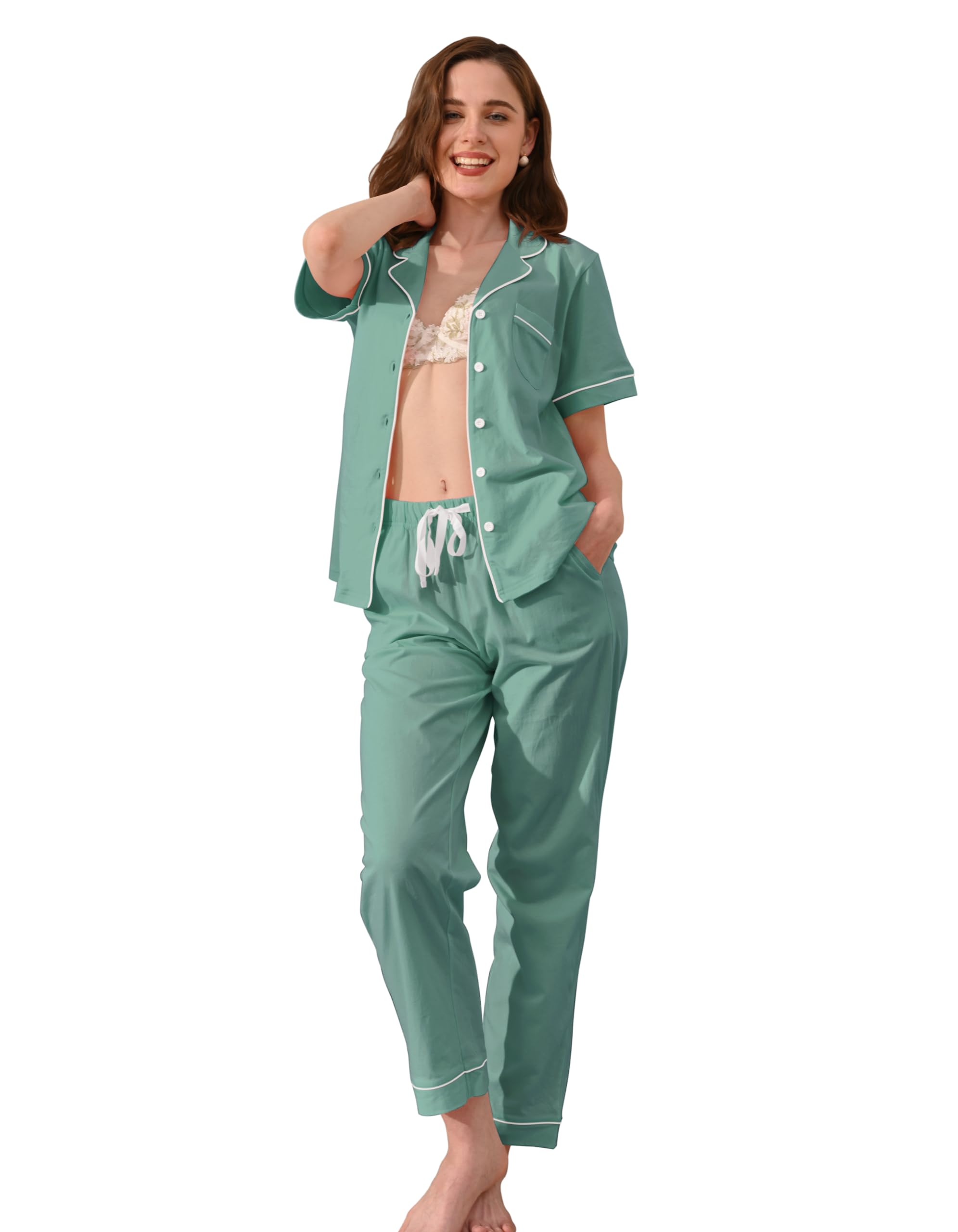 NAP BOUND 100% Cotton Women's Pajama Sets Short Sleeve Button Down Soft Pjs 2 Piece Lounge Set with Pocket Nightwear XS-XXL